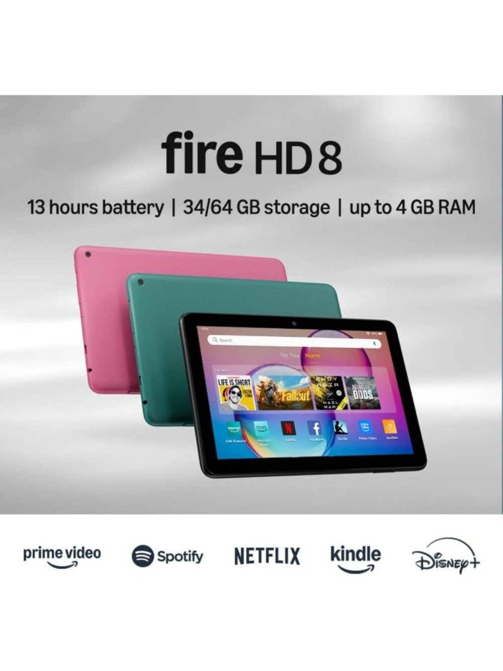 8” HD Display Tablet, 64GB Storage, 4GB Memory, Portable Entertainment, Black